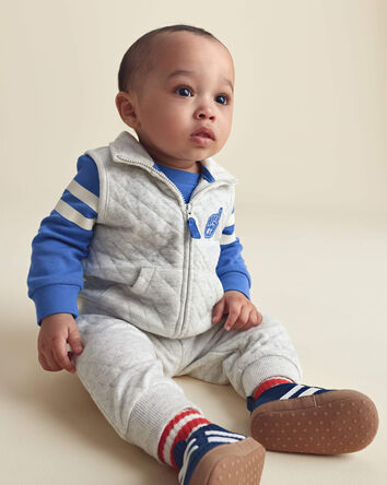 Baby Boy 3-Piece Varsity Quilted Layering Set - Grey/Blue, 