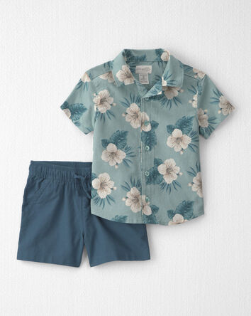 Toddler Boy 2-Piece Linen Top & Short Set Made with Organic Cotton in Blue Hibiscus, 