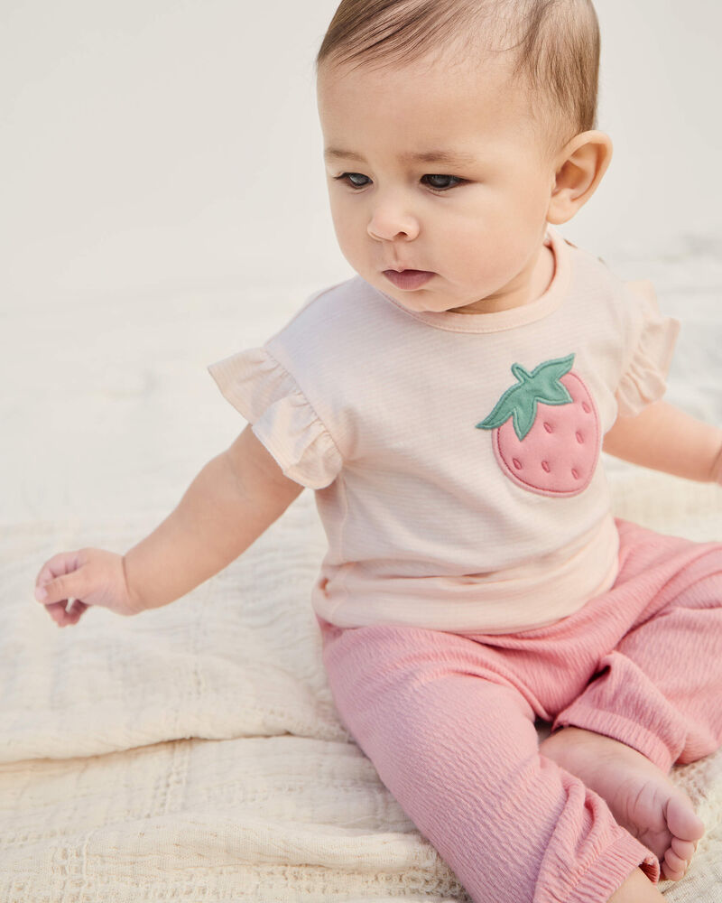 B&eacute;b&eacute; fille - Ensemble 3 pi&egrave;ces haut &agrave; motif fraise et pantalon - Rose, image 2 sur 3 diapositives