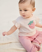B&eacute;b&eacute; fille - Ensemble 3 pi&egrave;ces haut &agrave; motif fraise et pantalon - Rose, image 2 sur 3 diapositives