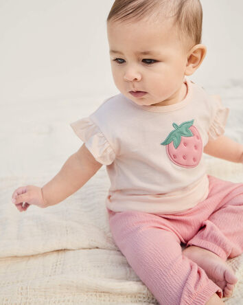 B&eacute;b&eacute; fille - Ensemble 3 pi&egrave;ces haut &agrave; motif fraise et pantalon - Rose, 