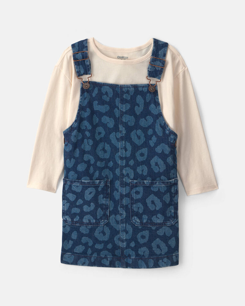Toddler Girl 2-Piece Leopard Long-Sleeve Overall Set - Dark Wash, image 1 of 7 slides