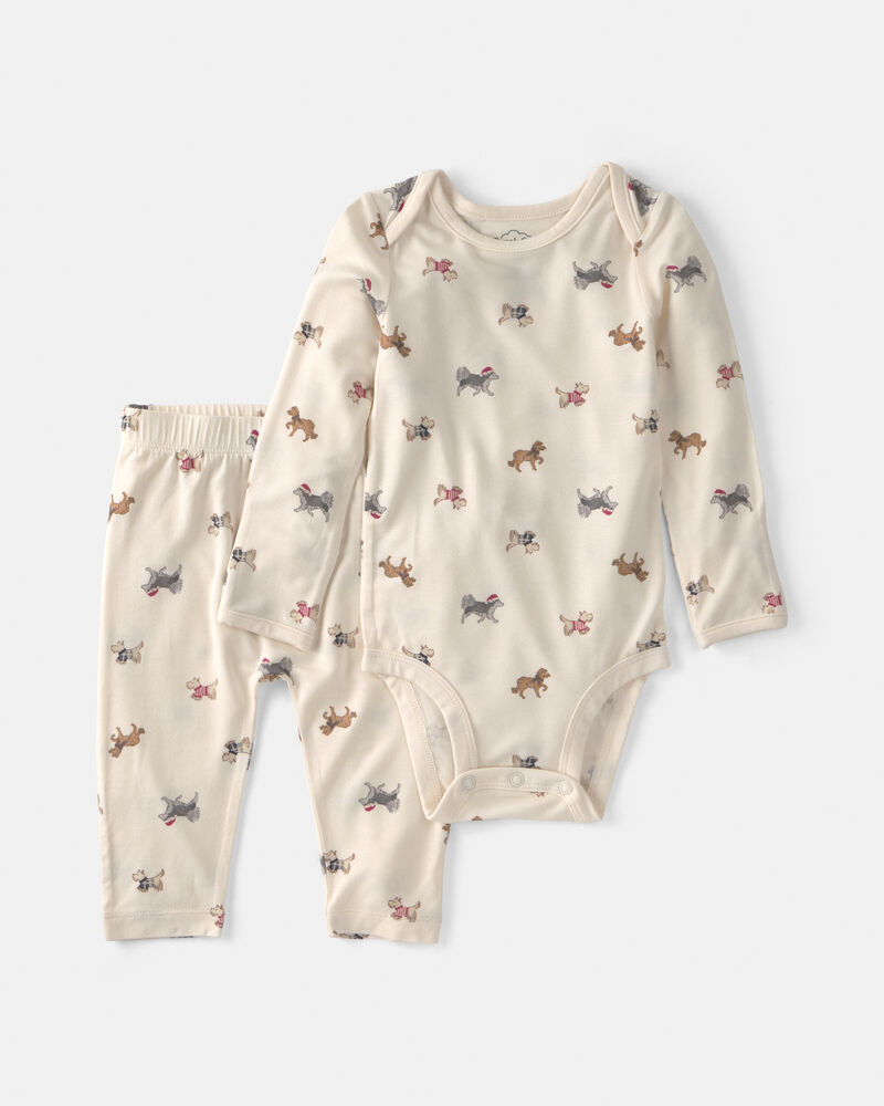 B&eacute;b&eacute; - Ensemble 2 pi&egrave;ces PurelySoft cache-couche manches longues et pantalon &agrave; motif chien &ndash; Cr&egrave;me, image 1 sur 4 diapositives