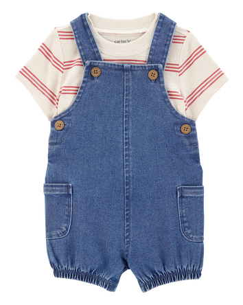 Baby 2-Piece Striped Tee & Denim Shortall Set - Navy/Ivory, 