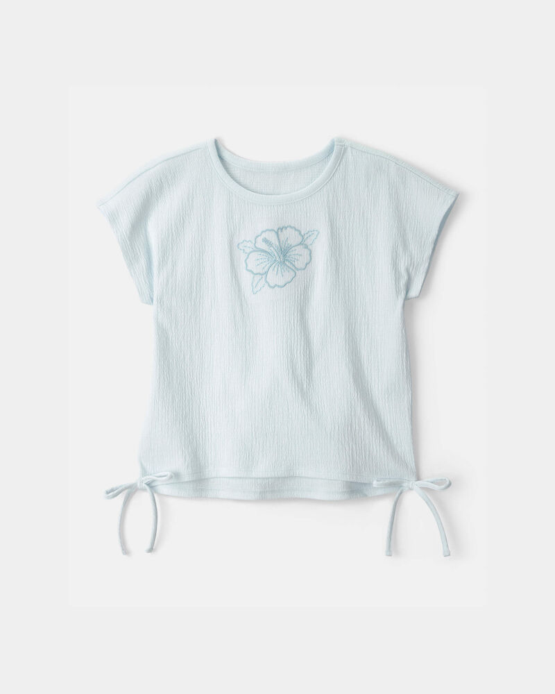 Girls Embroidered Flower Crinkle Top - Blue, image 1 of 4 slides