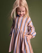 Toddler Girl Balloon-Sleeve Dress in Stripes - Pink/Brown/Blue, image 4 of 6 slides