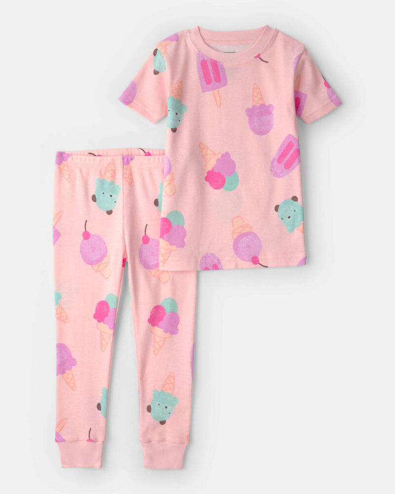 Toddler Girl Ice Cream 100% Cotton Short-Sleeve Snug Fit 2-Piece pyjama Set - Pink, image 1 of 3 slides