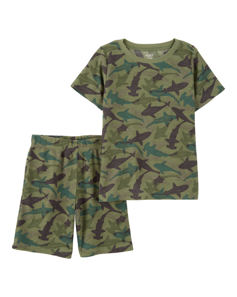 Boys Shark Print Loose Fit Waffle Knit 2-Piece Pyjamas - Green, image 1 of 3 slides
