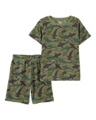 Boys Shark Print Loose Fit Waffle Knit 2-Piece Pyjamas - Green, image 1 of 3 slides