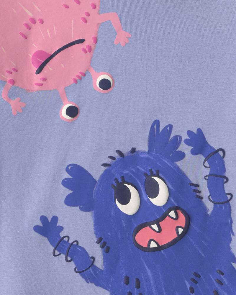 Girls 4-Piece Monster 100% Cotton Snug Fit Pyjama Set - Blue/Cream, image 3 of 7 slides