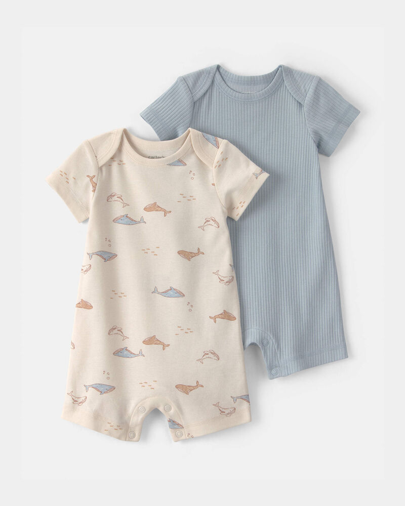 Baby 2-Pack Whale Rompers - Blue/Cream, image 1 of 5 slides