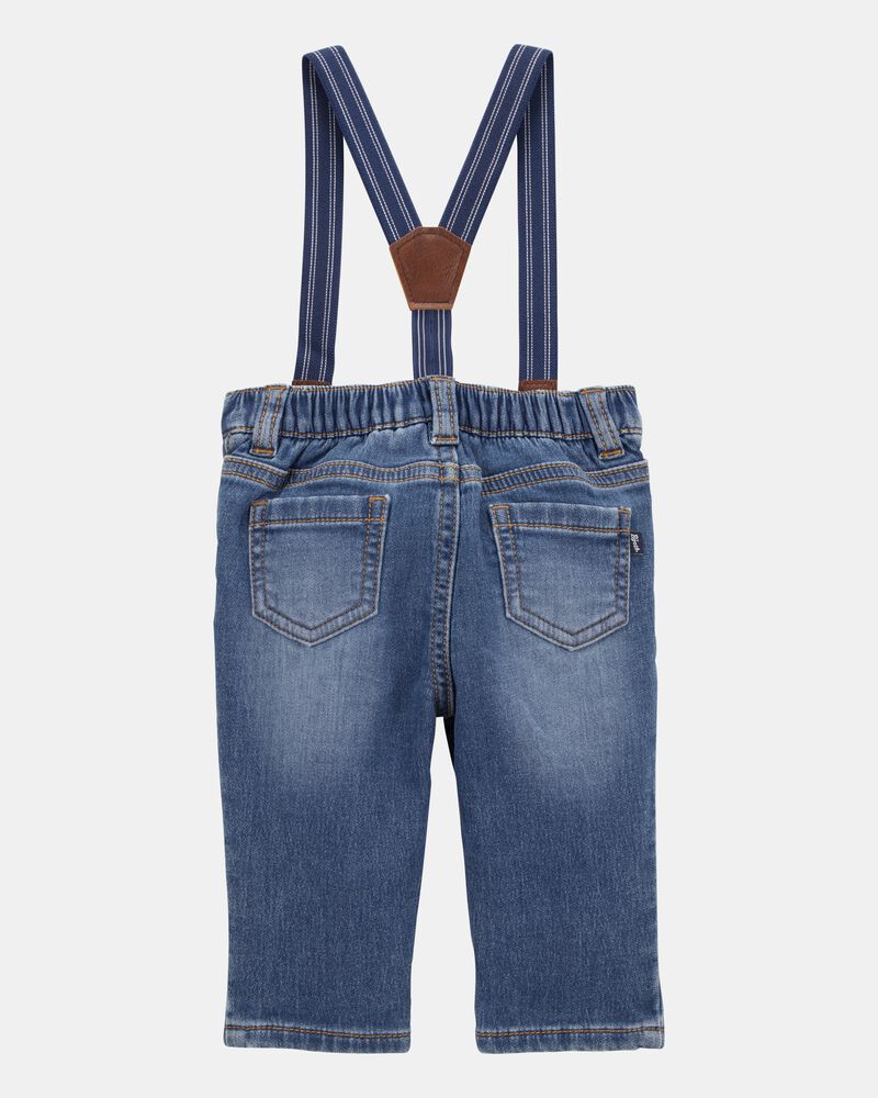 Baby Knit-Denim Suspender Pants - Blue, image 2 of 4 slides
