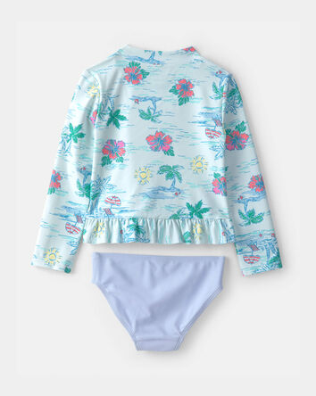 Toddler Girl 2-Piece Beach  Long-Sleeve Rashguard Swimsuit Set - Blue, 