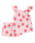 Tout-petit fille - Pyjama 2 pièces décontracté imprimé de fraise - Rose, image 1 sur 3 diapositives