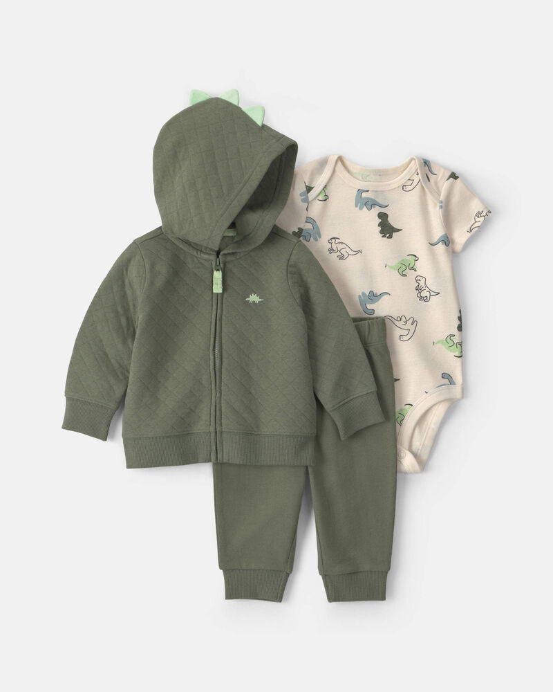 Baby Boy 3-Piece Dinosaur Quilted French Terry Layering Set - Olive Green, image 1 of 6 slides