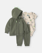 Baby Boy 3-Piece Dinosaur Quilted French Terry Layering Set - Olive Green, image 1 of 6 slides