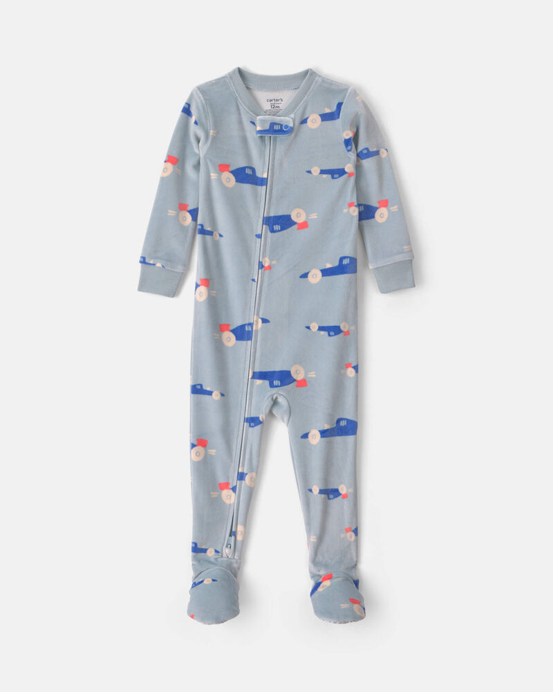 Tout-petit gar&ccedil;on - Pyjama ajust&eacute; 1 pi&egrave;ce en DreamPlush avec pieds &agrave; motif de voiture de course - Bleu, image 1 sur 3 diapositives