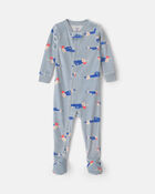 Tout-petit gar&ccedil;on - Pyjama ajust&eacute; 1 pi&egrave;ce en DreamPlush avec pieds &agrave; motif de voiture de course - Bleu, image 1 sur 3 diapositives