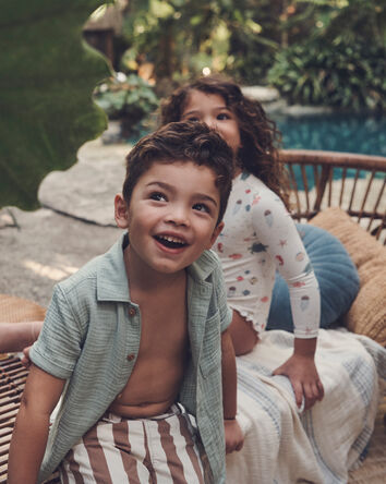 Toddler Boy Recycled Swim Trunks in Brown Stripes, 