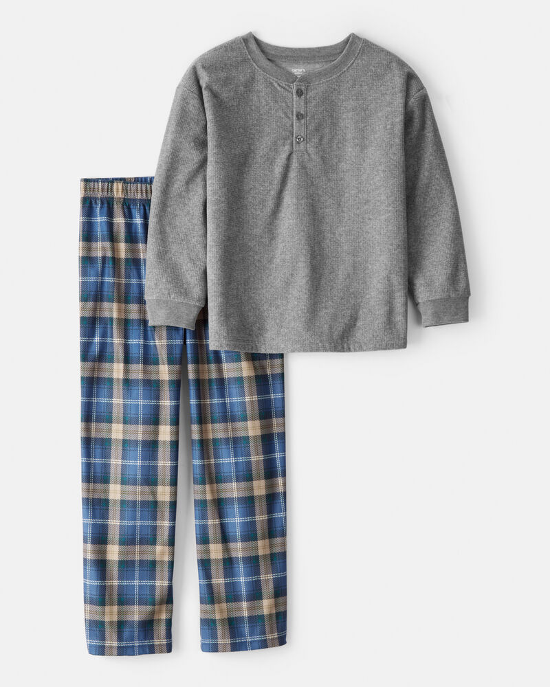 Boys Plaid Fleece Loose Fit 2-Piece Pyjamas - Grey/Blue, image 1 of 3 slides
