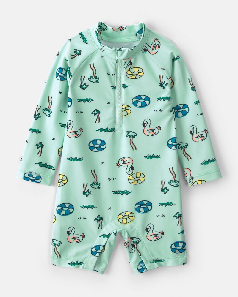 B&eacute;b&eacute; gar&ccedil;on - Maillot de bain dermoprotecteur 1 pi&egrave;ce &agrave; manches longues &agrave; motif vacances - Vert, image 1 sur 4 diapositives