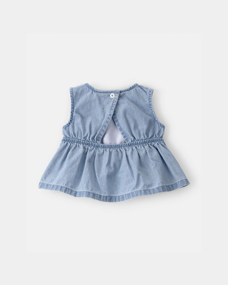B&eacute;b&eacute; fille - Ensemble 3 pi&egrave;ces haut sans manches en chambray &agrave; motif de cerises, cache-couche et short - Rose/Bleu, image 3 sur 5 diapositives