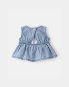 B&eacute;b&eacute; fille - Ensemble 3 pi&egrave;ces haut sans manches en chambray &agrave; motif de cerises, cache-couche et short - Rose/Bleu, image 3 sur 5 diapositives