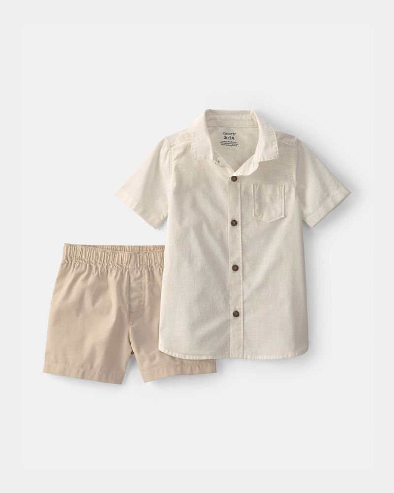 Tout-petit gar&ccedil;on - Ensemble 2 pi&egrave;ces chemise boutonn&eacute;e boutonn&eacute;e et short en chambray - Ivoire/Brun, image 1 sur 2 diapositives
