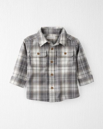 Baby Organic Cotton Herringbone Button-Front Shirt in Plaid, 