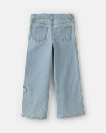 Filles - Jean &eacute;court&eacute; &agrave; jambe large et motif papillon - D&eacute;lav&eacute; clair, 
