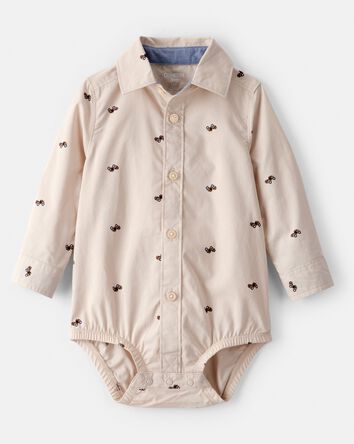 Baby Boy Race Car Print Long-Sleeve Button-Down Bodysuit - Khaki, 