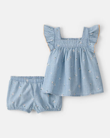 Baby Girl 2-Piece Floral Chambray Top & Short Set - Blue, 