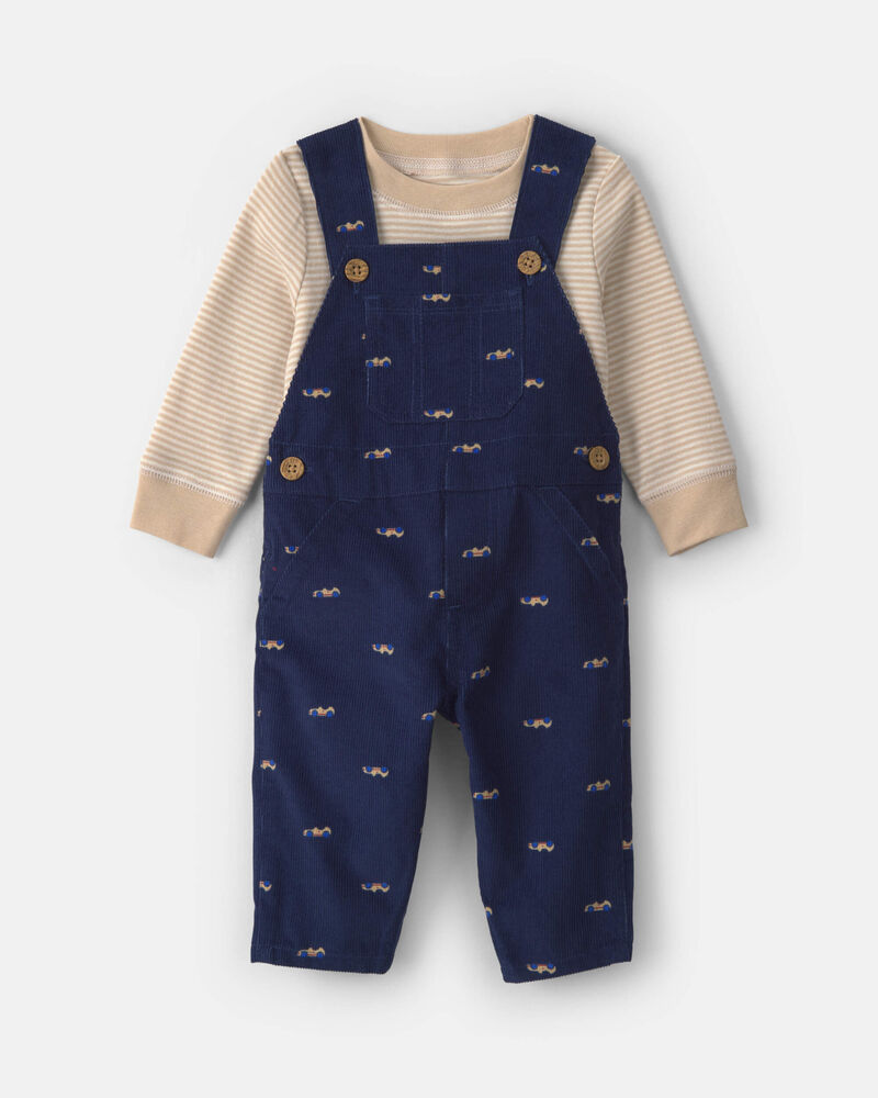 Baby Boy 2-Piece Car Corduroy Long-Sleeve Overall Set - Navy Blue/Cream, image 1 of 6 slides