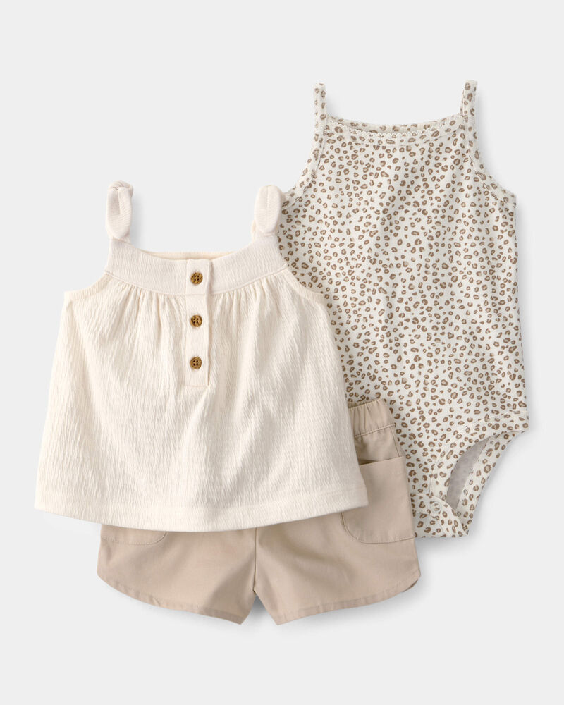 B&eacute;b&eacute; fille - Ensemble 3 pi&egrave;ces haut de couleur unie, gu&eacute;pard et short - Brun, image 1 sur 4 diapositives