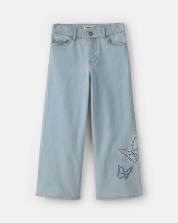Filles - Jean &eacute;court&eacute; &agrave; jambe large et motif papillon - D&eacute;lav&eacute; clair, 