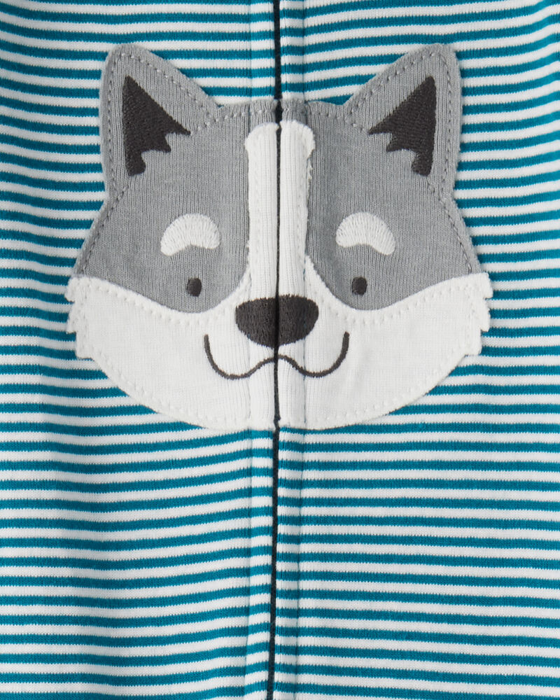 Baby Boy Dog Striped 100% Cotton Snug Fit 2-Way Zip Footie 1-Piece Pyjamas - Blue, image 4 of 5 slides