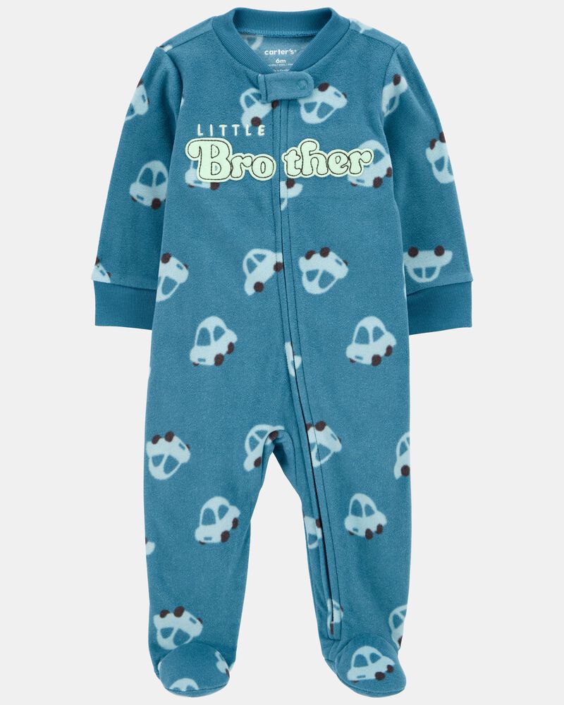 Baby Boy Little Brother Fleece Zip-Up Sleeper - Blue, image 1 of 3 slides