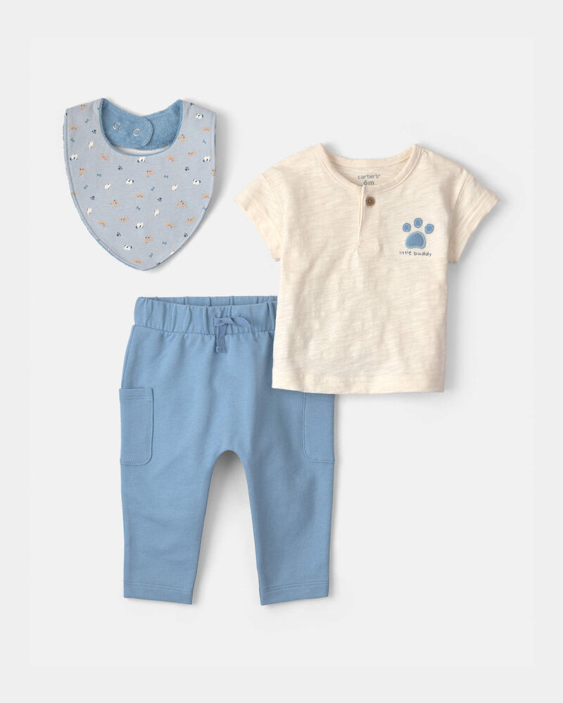 Baby Boy 3-Piece Paw Print Top & Pant Set - Blue, image 1 of 5 slides