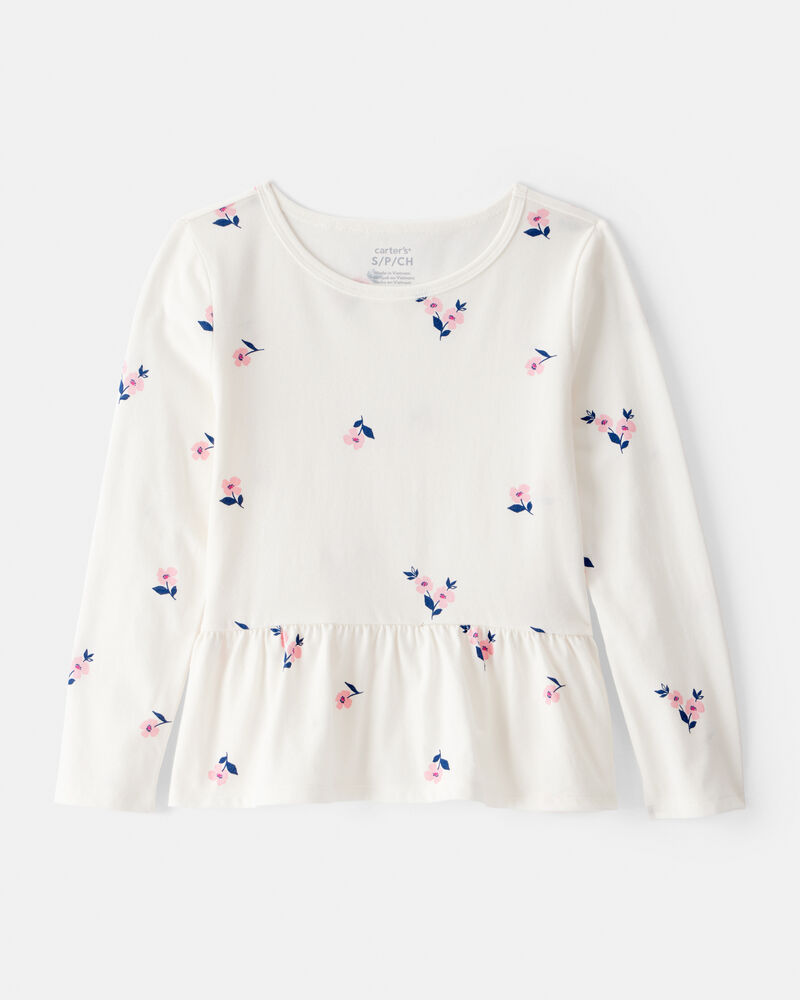 Girls Floral Long-Sleeve Peplum Top - Ivory, image 1 of 3 slides
