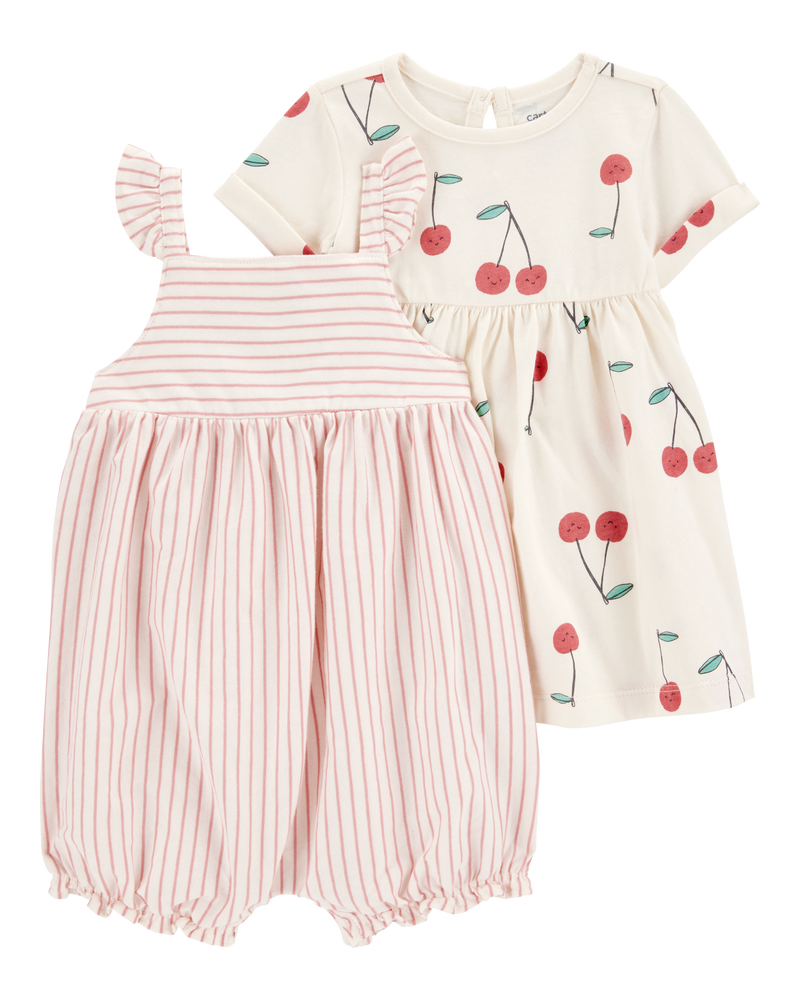 Baby Girl 2-Piece Cherry Dress & Striped Romper Set , image 1 of 6 slides