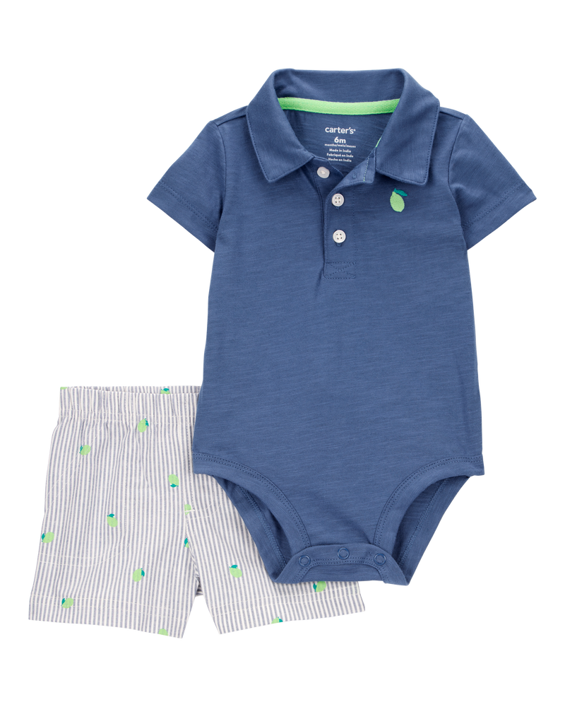 Baby 2-Piece Polo Bodysuit & Striped Short Set - Navy, image 1 of 3 slides