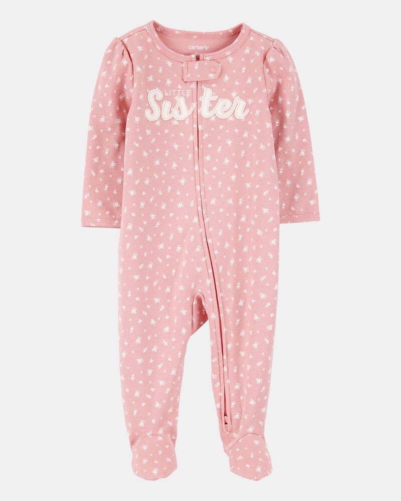 Baby Girl Little Sister 2-Way Zip Cotton Sleeper pyjamas, image 1 of 3 slides