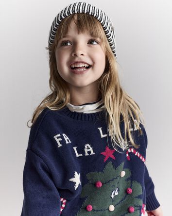 Toddler 'Fa la la' Christmas Tree Pullover Sweater - Navy, 
