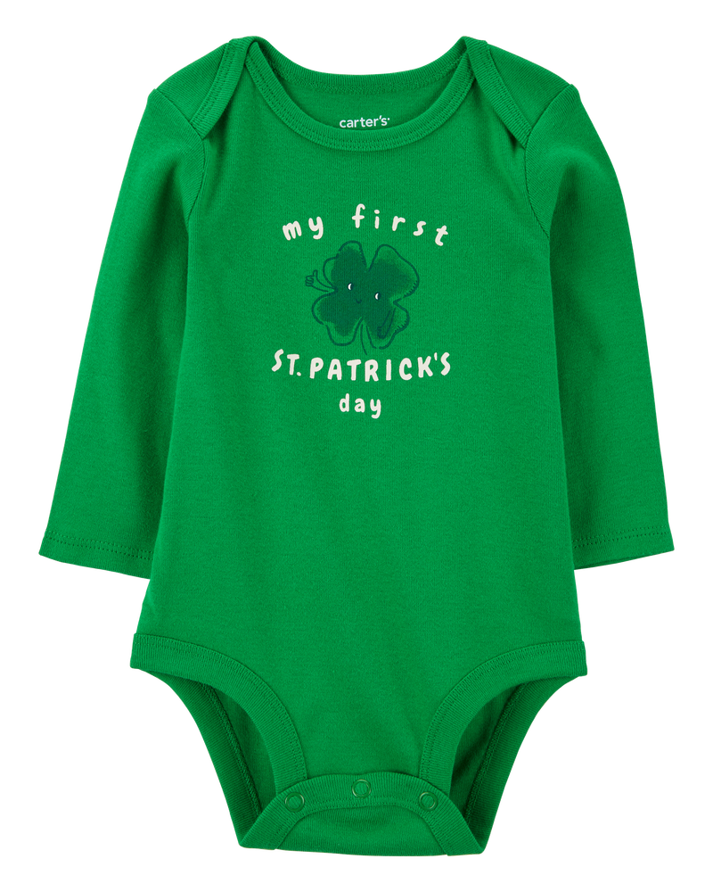 Baby St Patrick's Day Ribbed Long-Sleeve Bodysuit - Green, image 1 of 3 slides