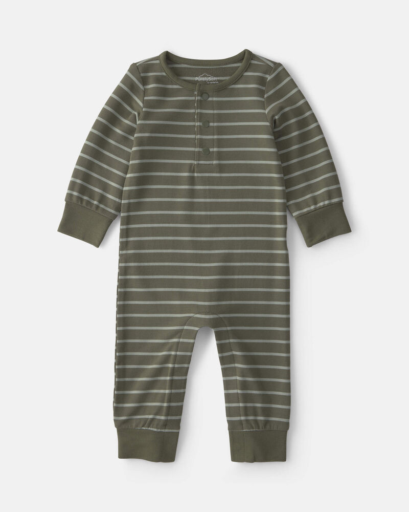 Baby Boy Striped PurelySoft&trade; Long-Sleeve Jumpsuit - Olive Green, image 1 of 6 slides