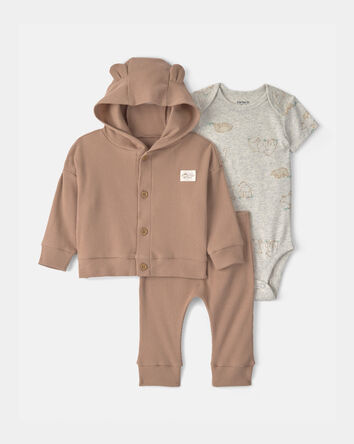 B&eacute;b&eacute; - Ensemble 3 pi&egrave;ces &agrave; superposer en tissu &eacute;ponge &agrave; motif ourson - Gris/Brun, 