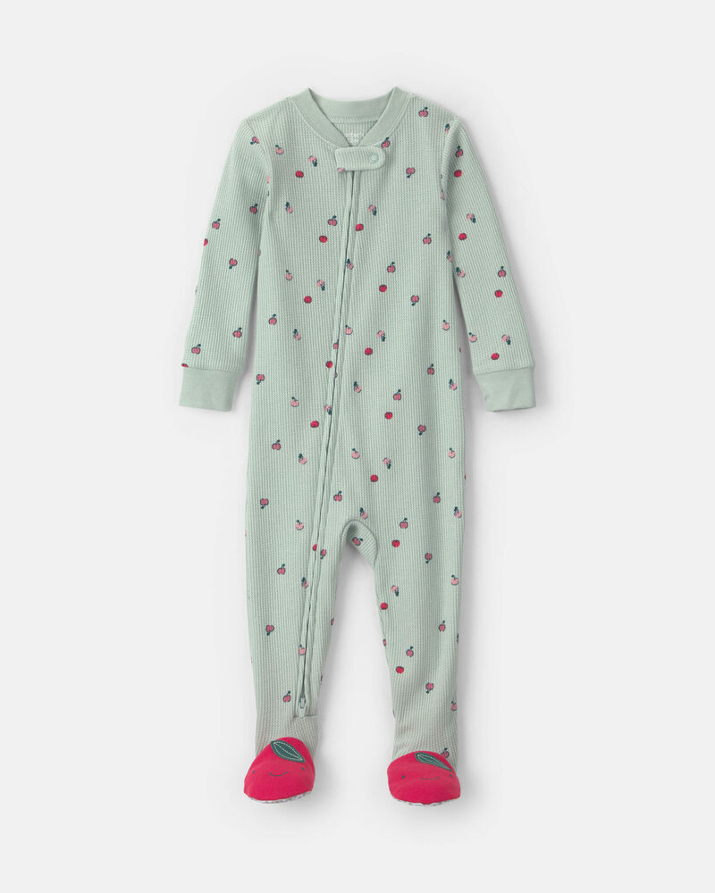 Toddler Girl 1-Piece Apple Thermal Snug Fit Footed Pyjama - Green, image 1 of 5 slides