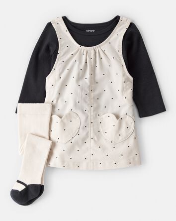 Baby Girl 3-Piece Heart Print Long-Sleeve Dress Set - Ivory/Black, 