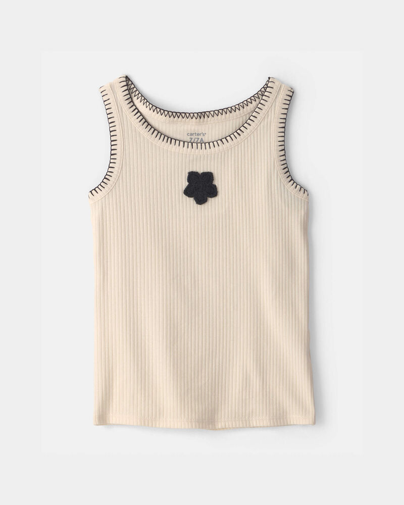 Girls Flower Embroidered Rib Tank Top - Ivory, image 1 of 4 slides