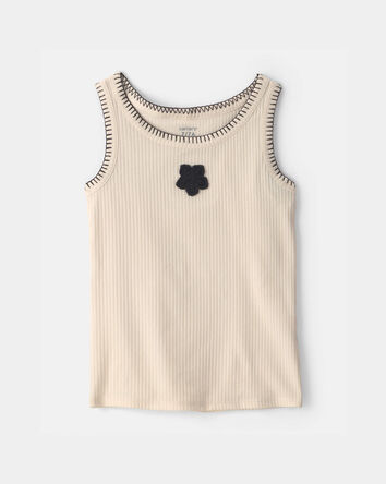 Girls Flower Embroidered Rib Tank Top - Ivory, 